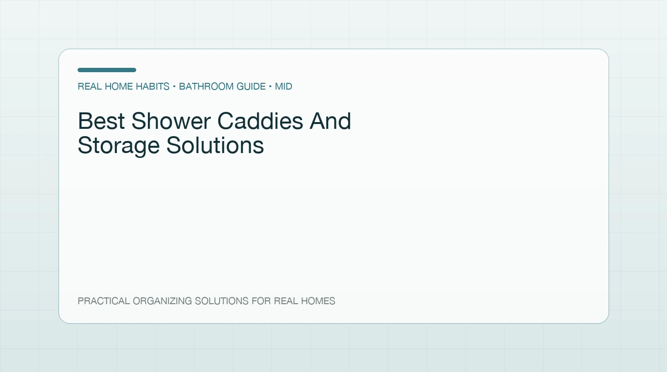 Tension-pole shower caddy wedged into the corner of a shower stall