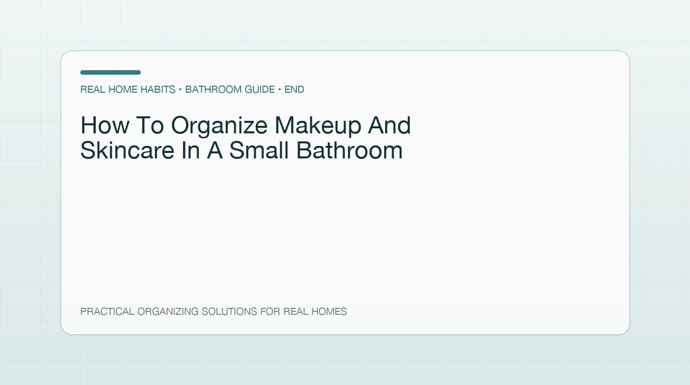 Labeled storage bin holding backup beauty products in a bedroom closet
