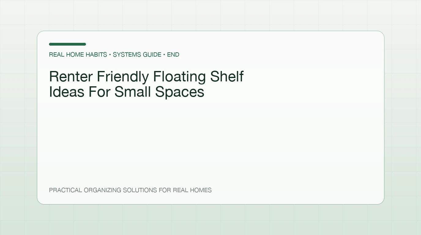 Floating shelf above a desk holding office supplies and a small plant